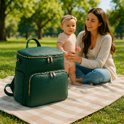 SAC A LANGER VERT - MAMAN AVEC FILLE DANS LE PARC