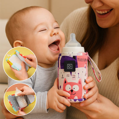 maman avec bébé avec chauffe biberon rose dessin animé