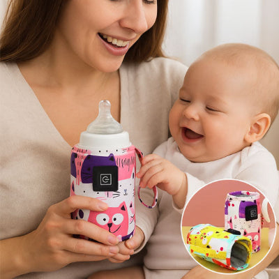 maman avec bébé avec chauffe biberon dessin animé