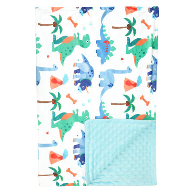 couverture bébé bleue avec dinosaures bleus et verts