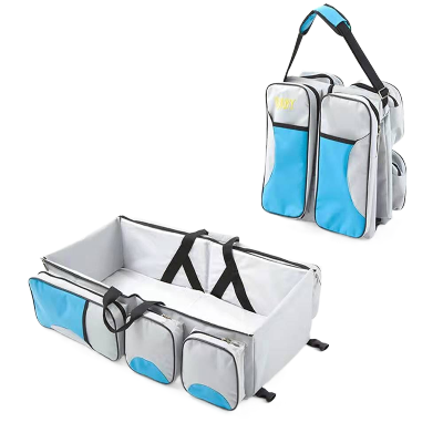 lit de voyage pour bébé - berceau et babybag bleu gris