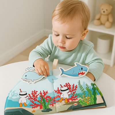 livre bébé en tissu - sensoriel - animaux marines