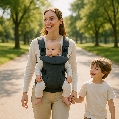 maman avec enfants avec porte bebe gris 