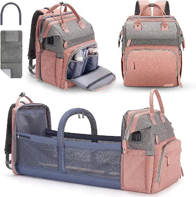 sac à langer gris et rose avec berceau pliable- babybag 5 en 1